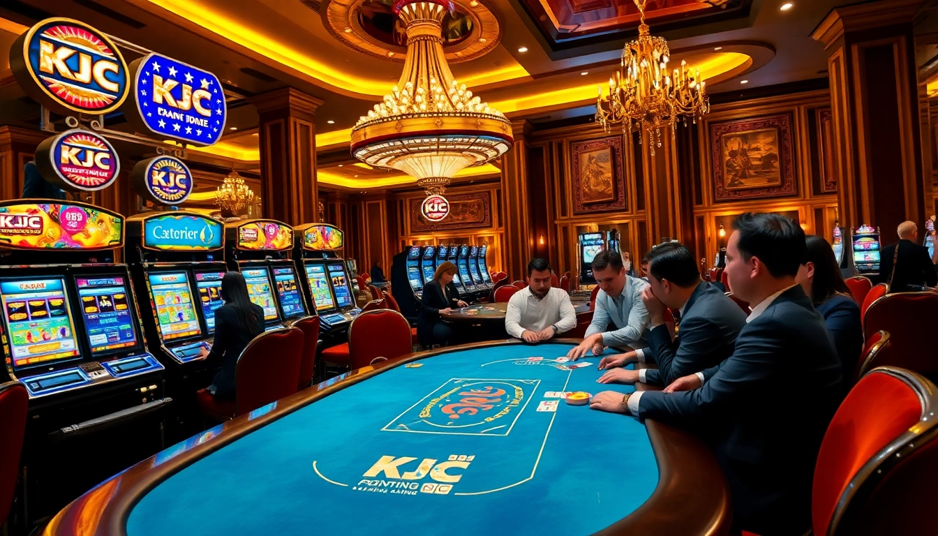KJC showcases thrilling slot machines and a poker table in a luxurious casino setting.