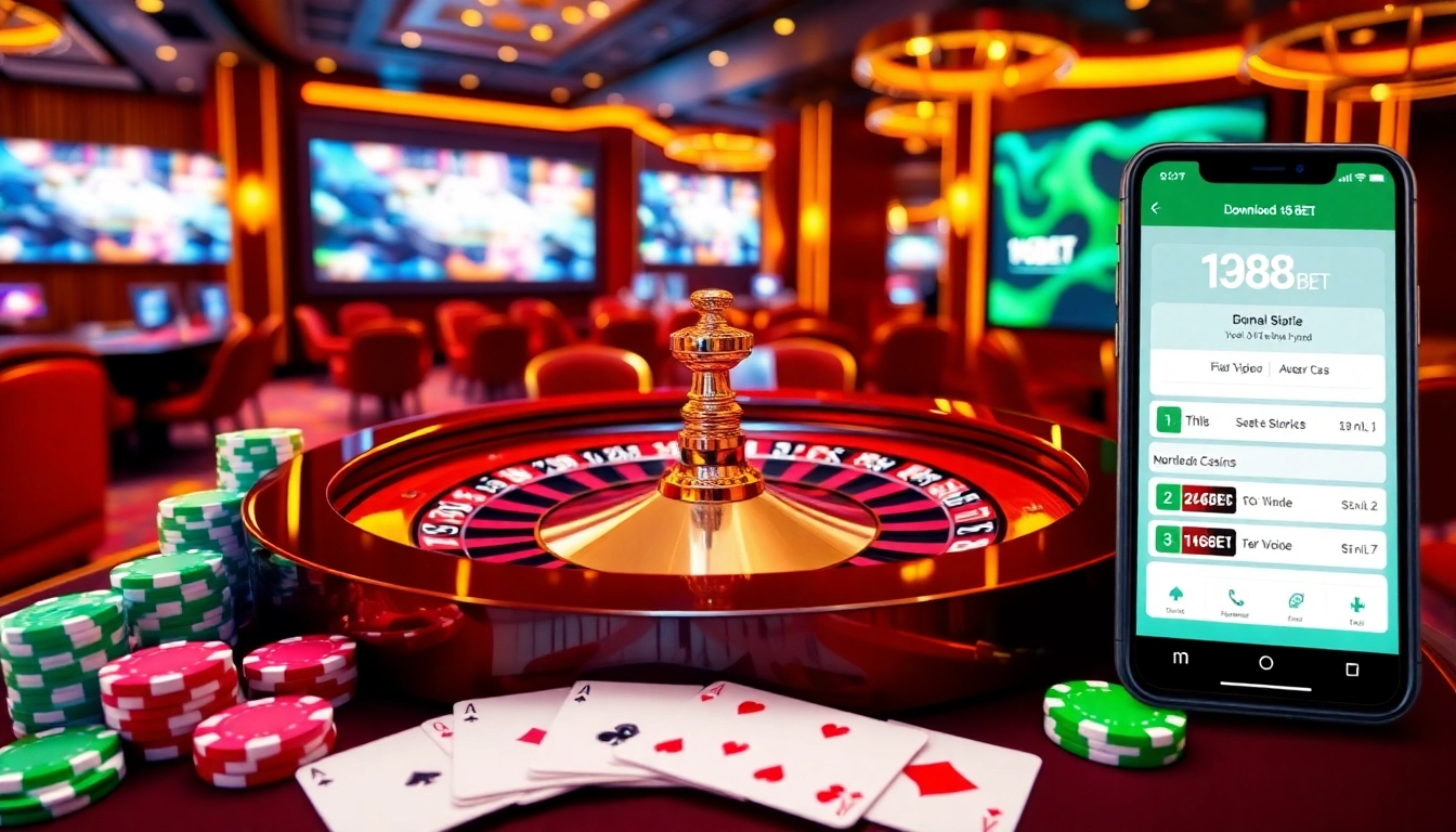Experience 136bet Download with a luxurious casino setting featuring poker chips and roulette.