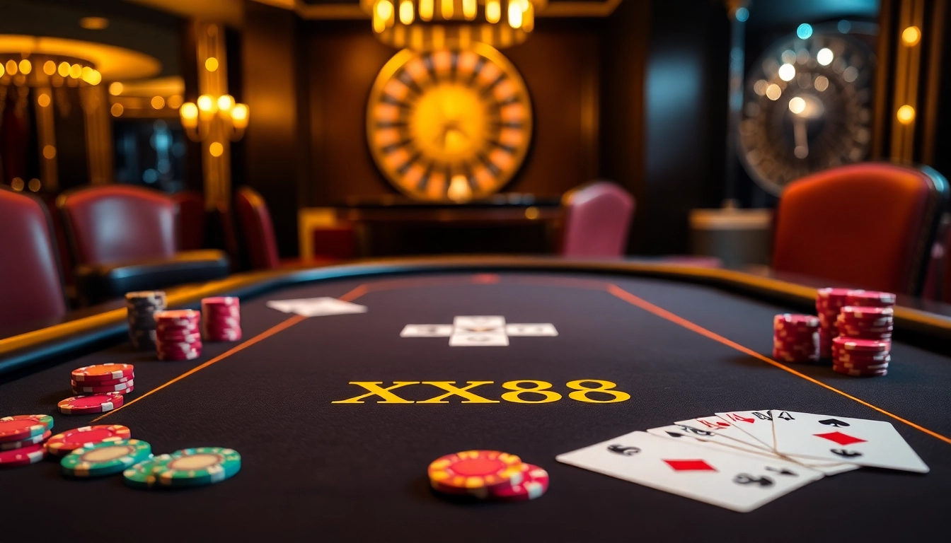 Experience high-stakes poker at an elegant XX88 casino table with vibrant chips and a roulette wheel.