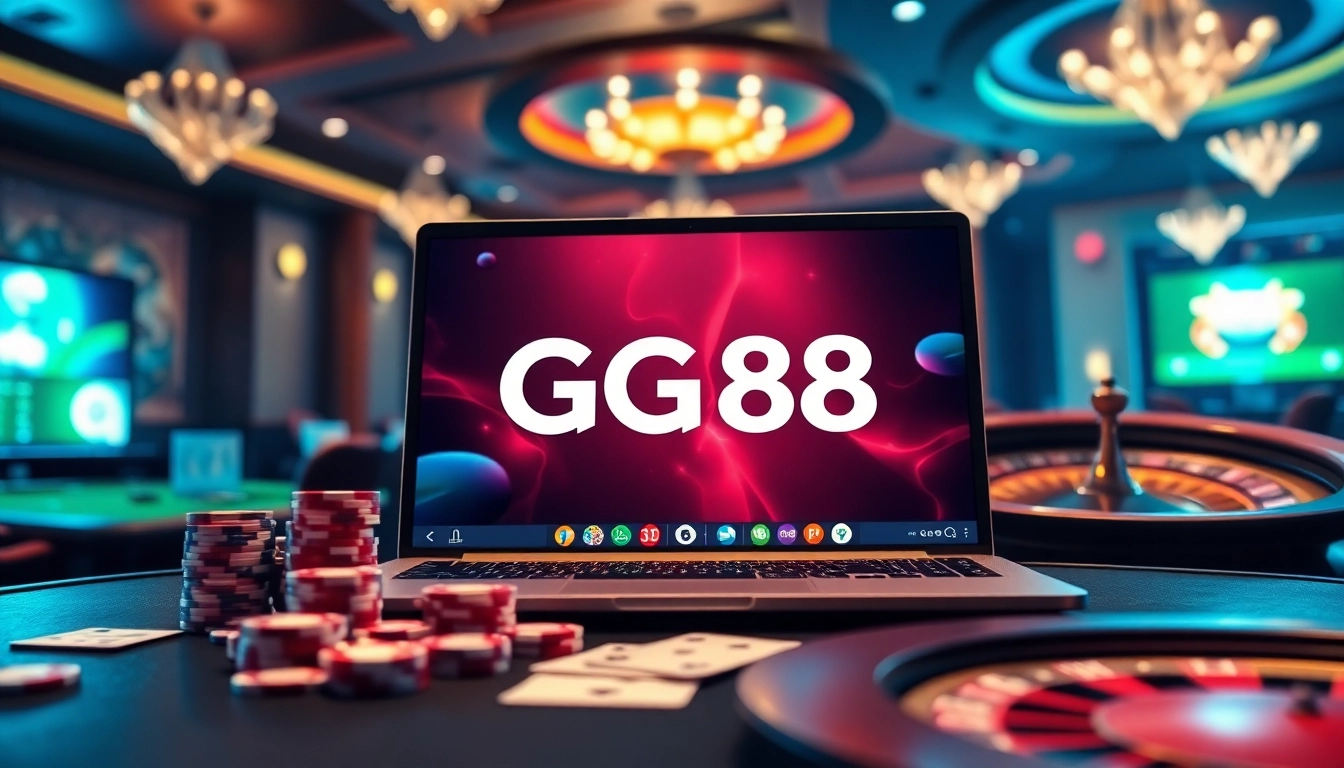 Experience the excitement of GG88 with vibrant casino visuals featuring roulette and poker.