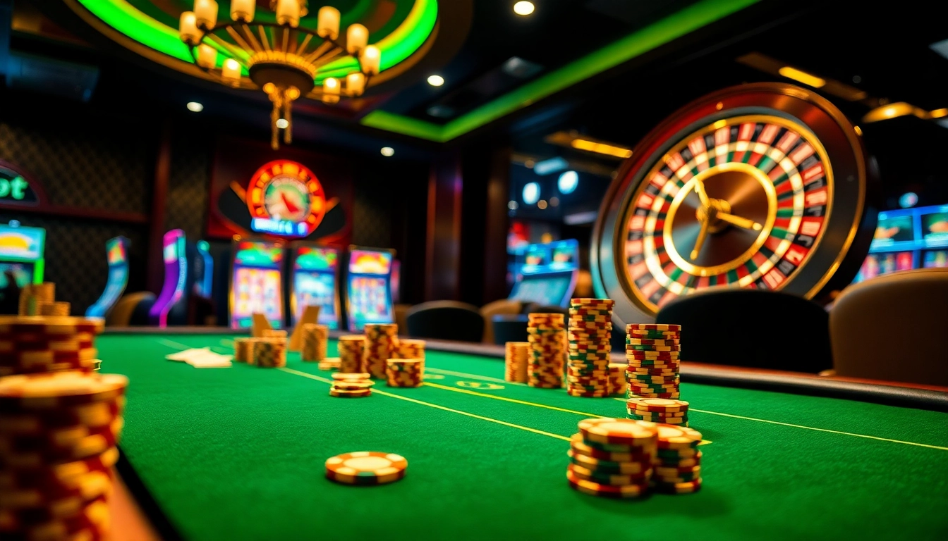 Exciting Thabet casino scene with poker table, vibrant slot machines, and roulette wheel.
