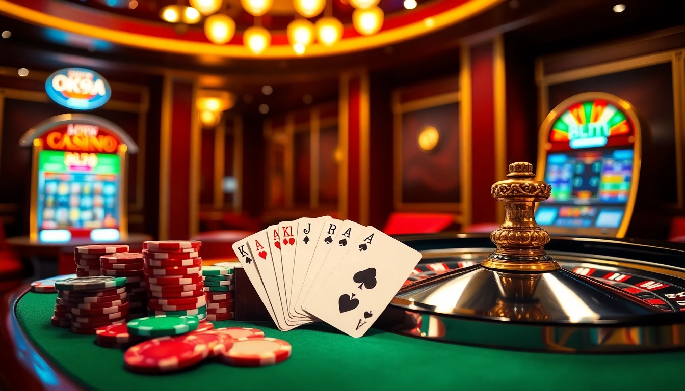 Engage with the vibrant atmosphere of OK9AA casino featuring a roulette wheel and poker chips.