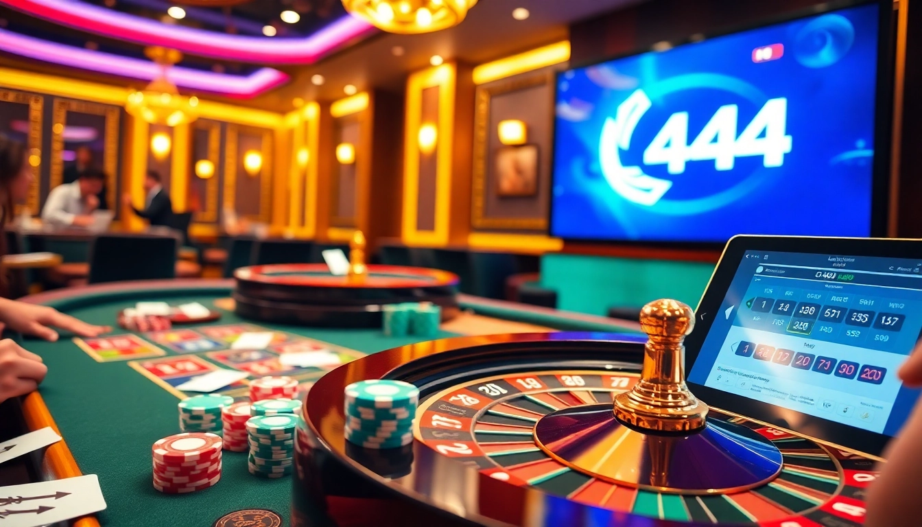 L444 players engaging with exciting casino games, showcasing vibrant poker chips and a roulette wheel.