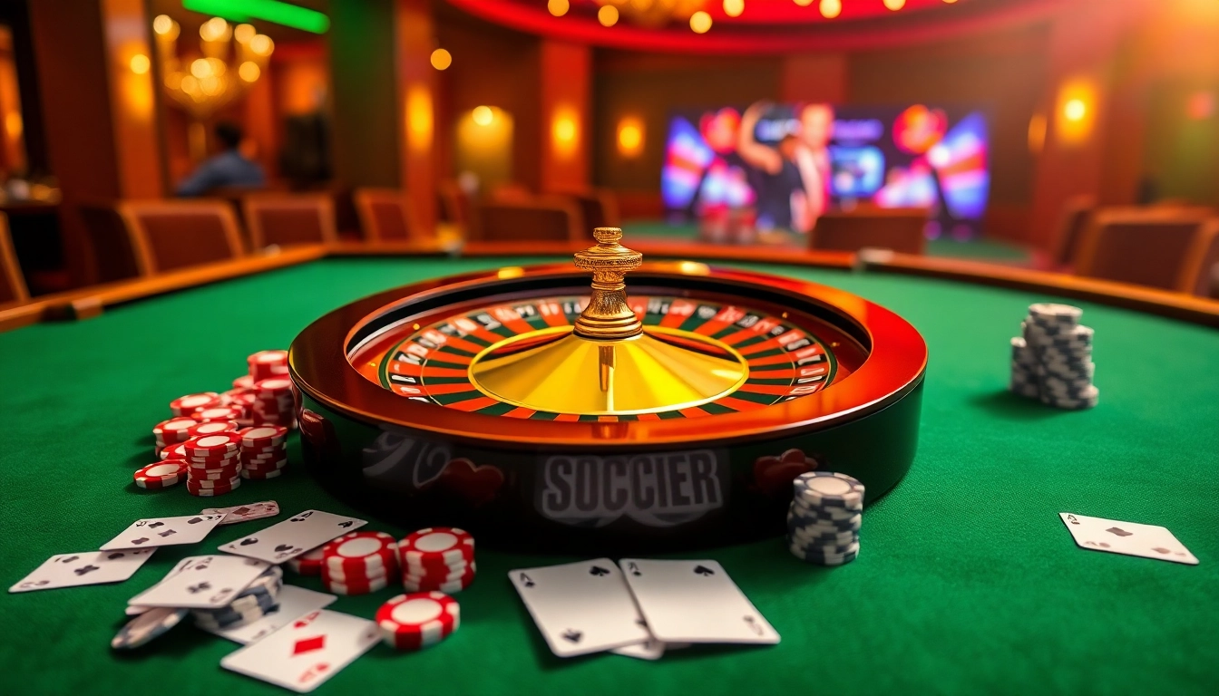 Experience the excitement of hi88 soccer with vibrant casino visuals of poker chips, cards, and a roulette wheel.