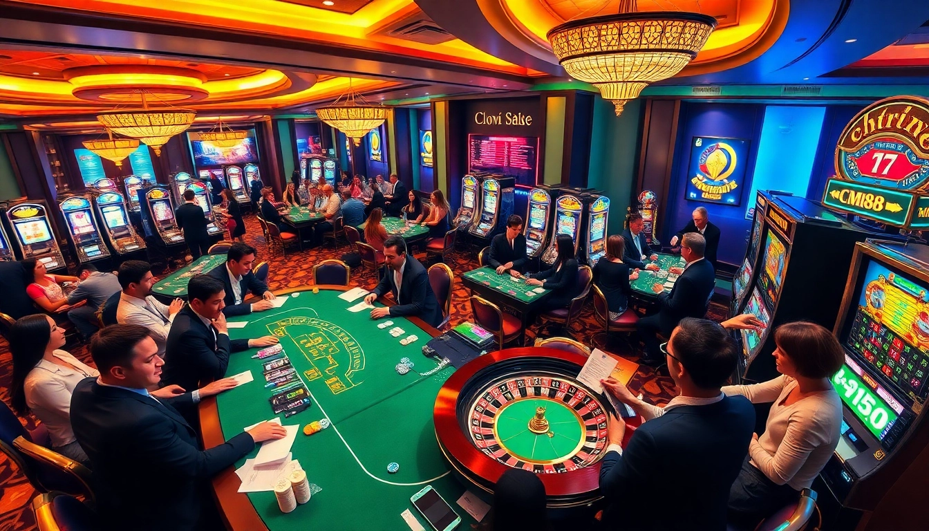 Experience the excitement of gaming at CM88 with vibrant casino tables and players celebrating wins.