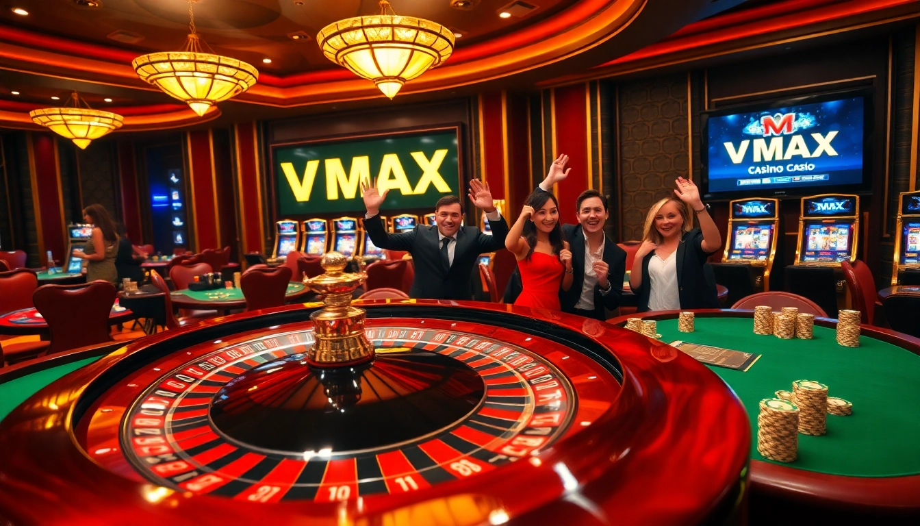 Excited gamblers celebrating their wins at the luxurious Vmax casino.