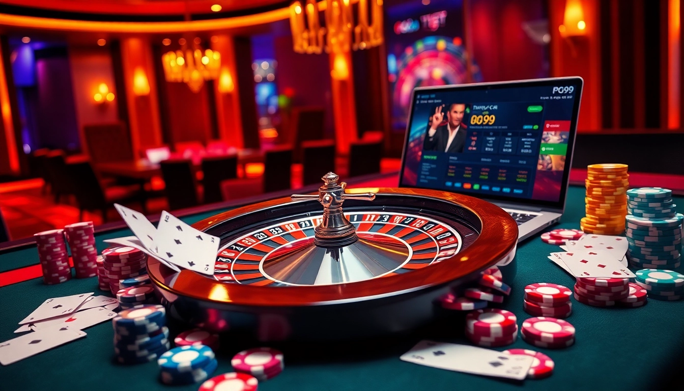 Experience the excitement of gaming at trang chủ pg99 featuring poker chips and a roulette wheel.