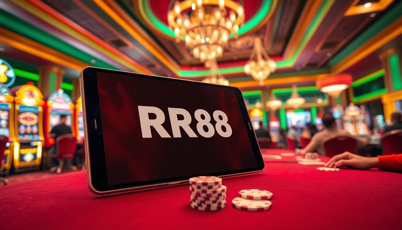 Experience the excitement of gambling at RR88 with vibrant casino visuals showcasing games and promotions!