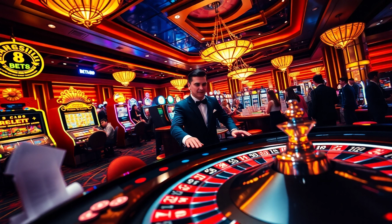 Experience the excitement of bet88 with a bustling casino scene featuring roulette and vibrant players.