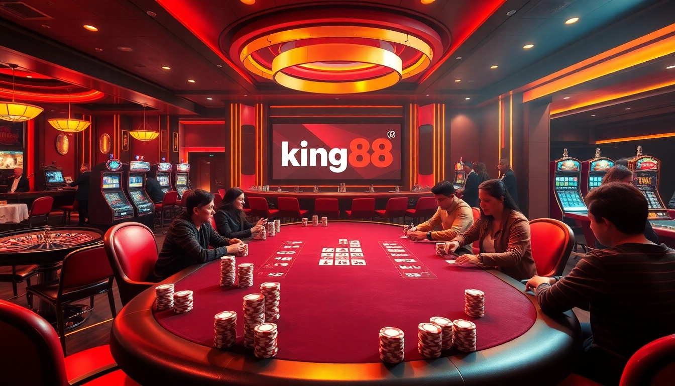 Players at the king88 poker table enjoy a thrilling game in a luxurious casino.
