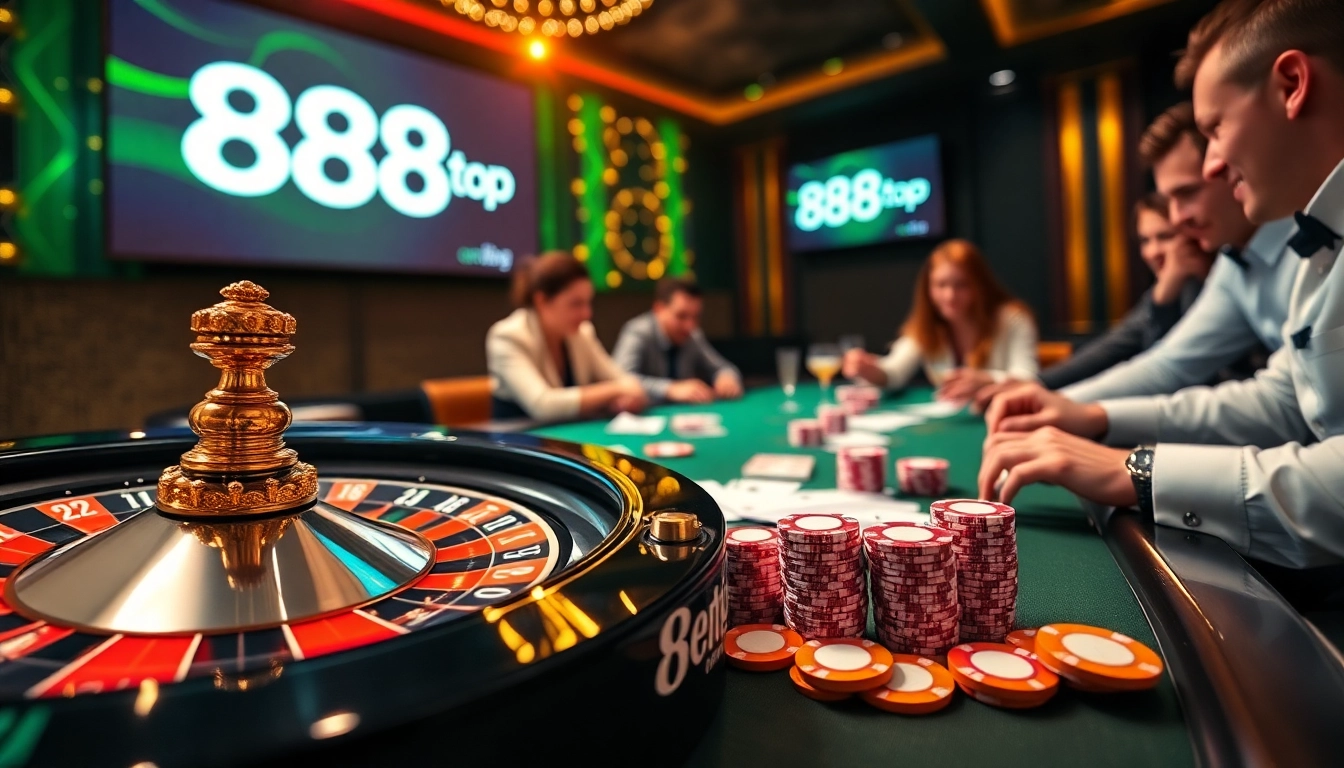 Experience the excitement of 888top with vibrant casino visuals featuring poker chips and roulette wheels.