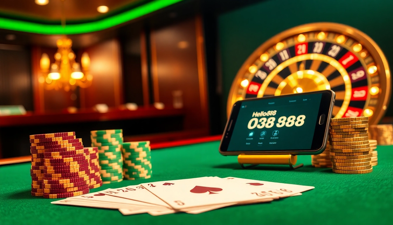 Exciting gambling action at Hello88 casino with poker chips and a spinning roulette wheel.