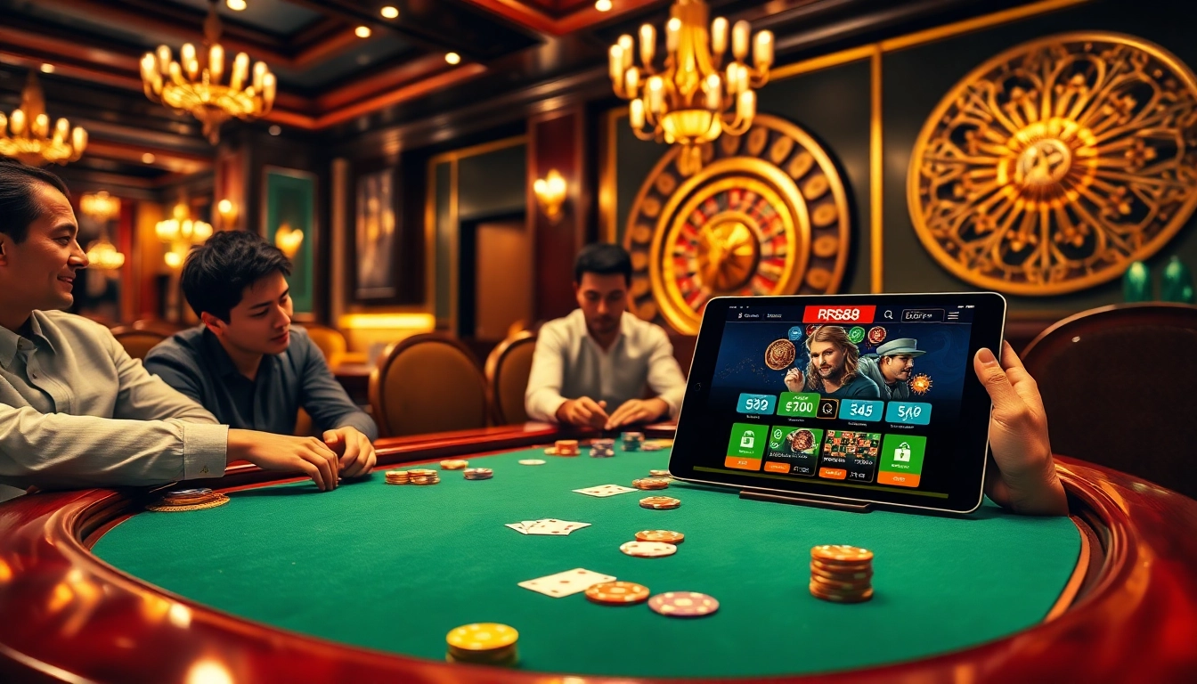 RR88 casino scene featuring players at a poker table, showcasing vibrant chips and a sleek design.