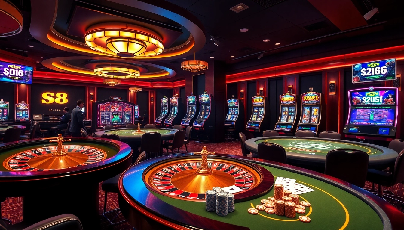 S8 Casino scene showcasing vibrant slot machines and roulette wheel in luxurious setting.