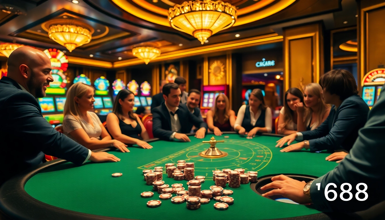 Players engage in thrilling poker gameplay in a luxurious casino featuring c1688 promotions.