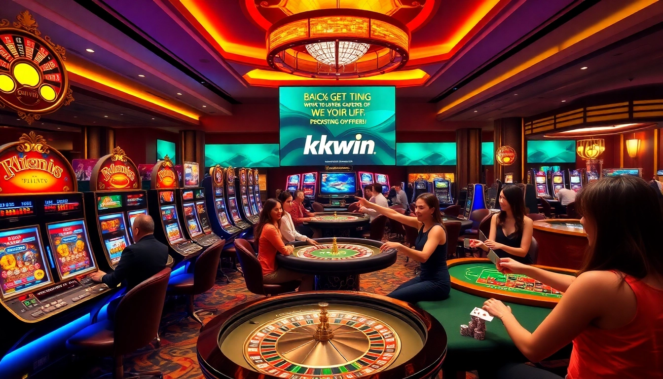 Players enjoying games at kkwin casino with vibrant slot machines and roulette wheels.