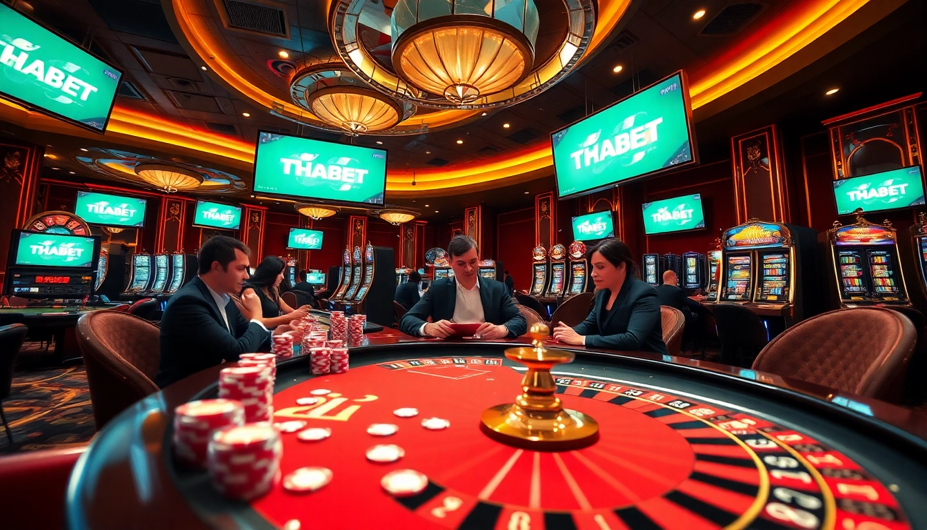 Players enjoying a thrilling game at THABET casino, showcasing vibrant poker chips and roulette wheels.