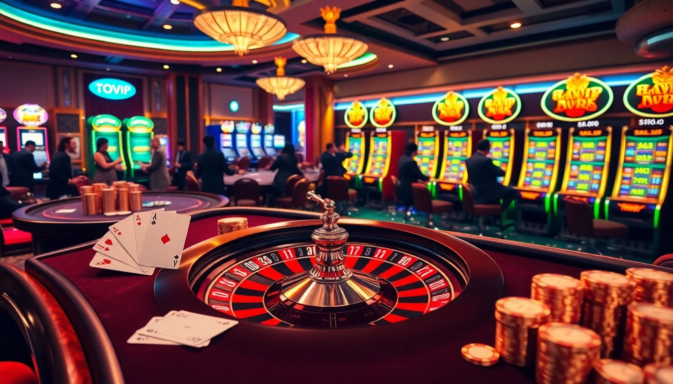 TOPVIP casino table with poker cards and roulette wheel highlighting excitement and luxury.