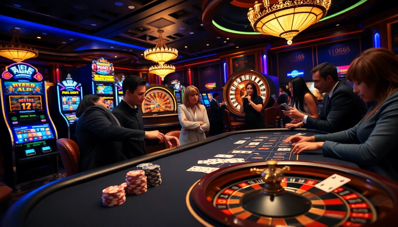 Experience thrilling gaming at MM88 with vibrant casino elements like poker tables and slot machines.