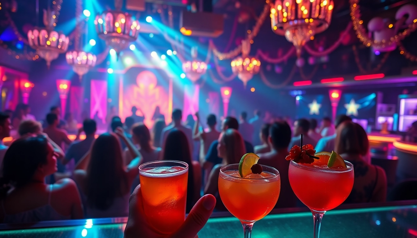 Energetic nightlife scene at Night club sxm with vibrant lighting and happy guests enjoying cocktails.