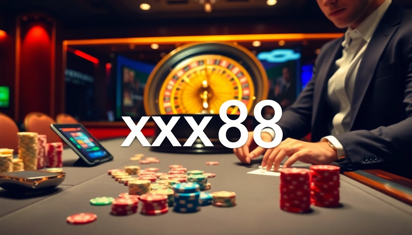 Gambler placing bets at an elegant casino table, highlighting the xx88 gambling experience.