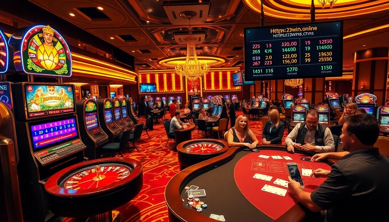 Engaging players experiencing thrilling moments at the casino on https://23wini.online with vibrant slot machines and poker tables.
