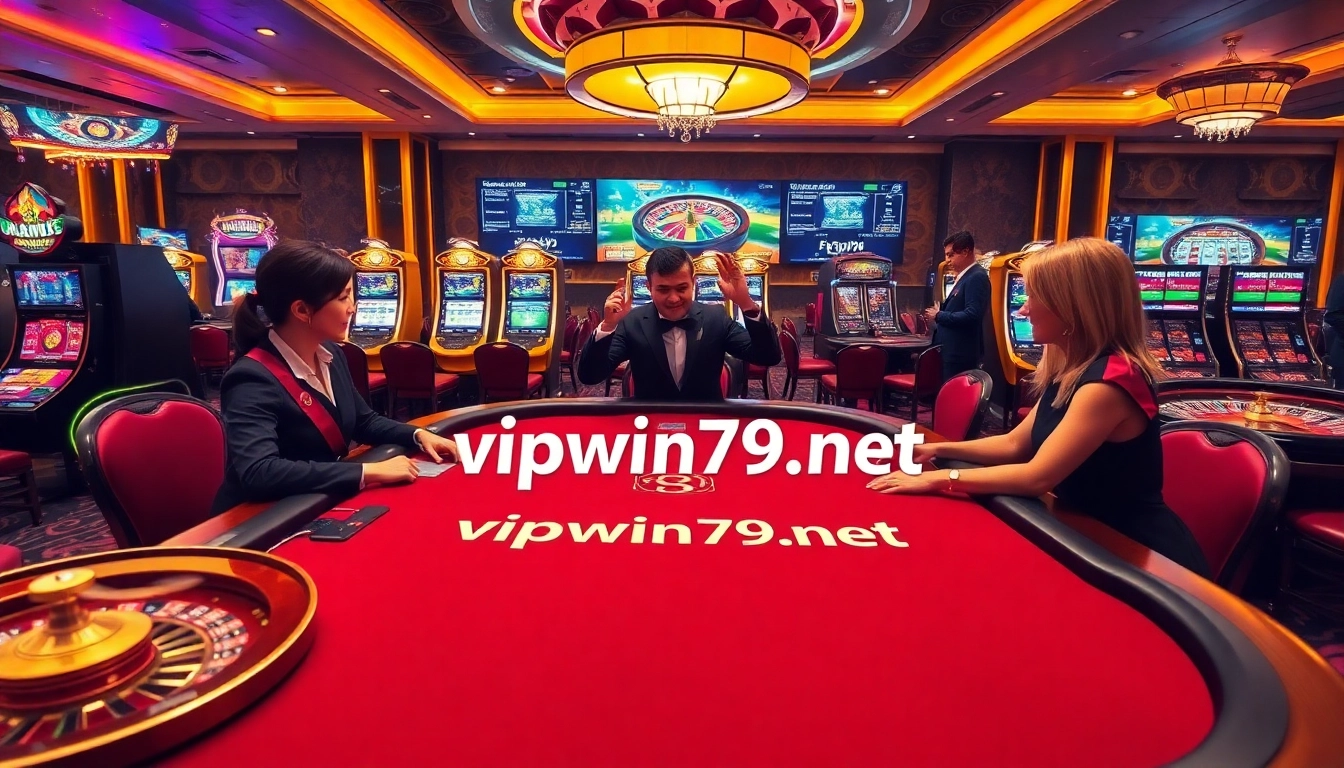 An engaging blackjack table scene at vipwin79.net casino with players and dealers in a luxurious setting.