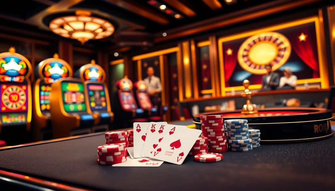 Engage with Đăng nhập bomwin at a luxurious online casino featuring vibrant tables and cards.