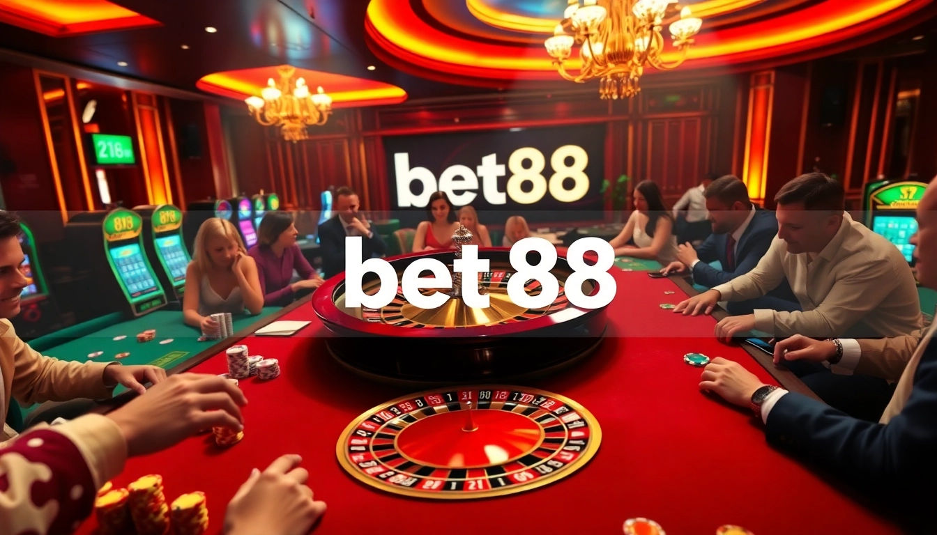 Experience the excitement of gambling with bet88 in a luxurious casino environment featuring roulette, poker, and slots.