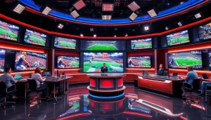 Engaging live sports broadcasting with dynamic host setup and vibrant screens displaying various events.