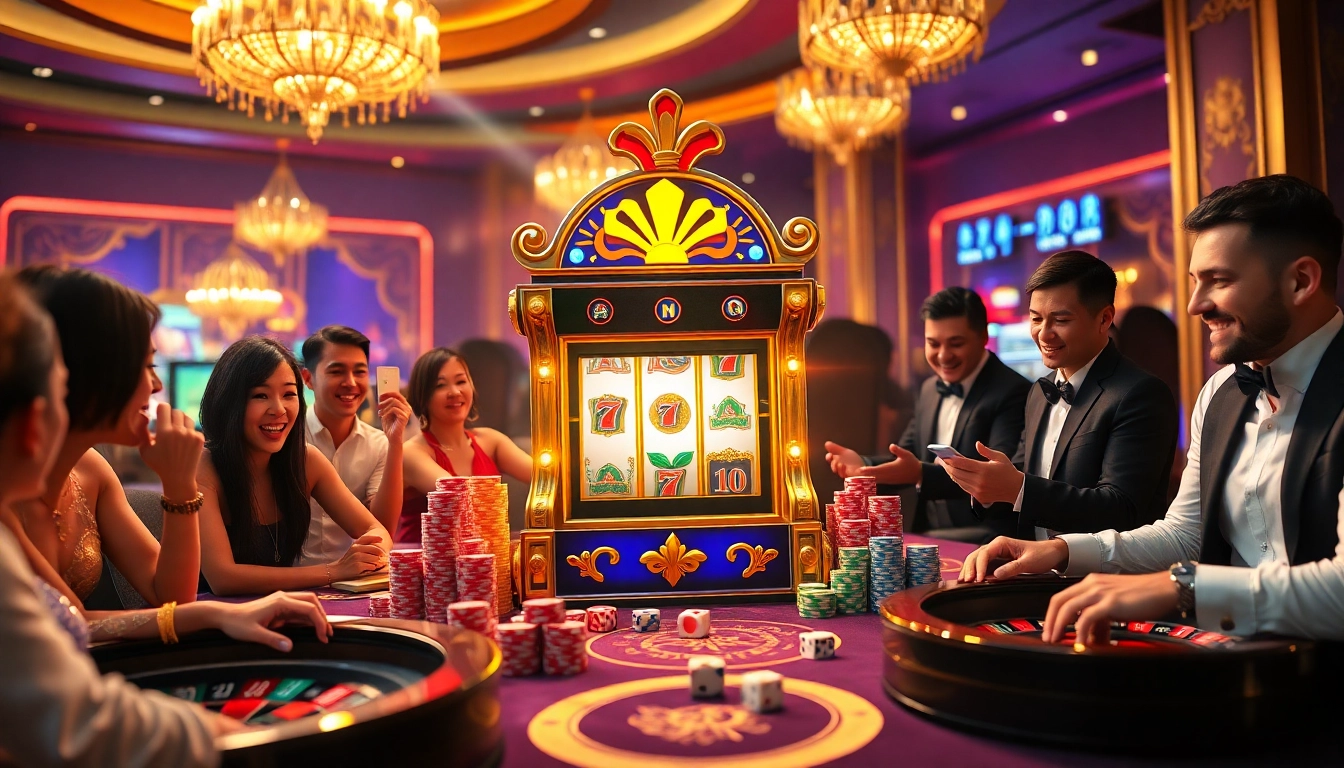 Experience the thrill of nổ hũ xn88 at a vibrant, high-stakes slot machine in a luxurious casino setting.