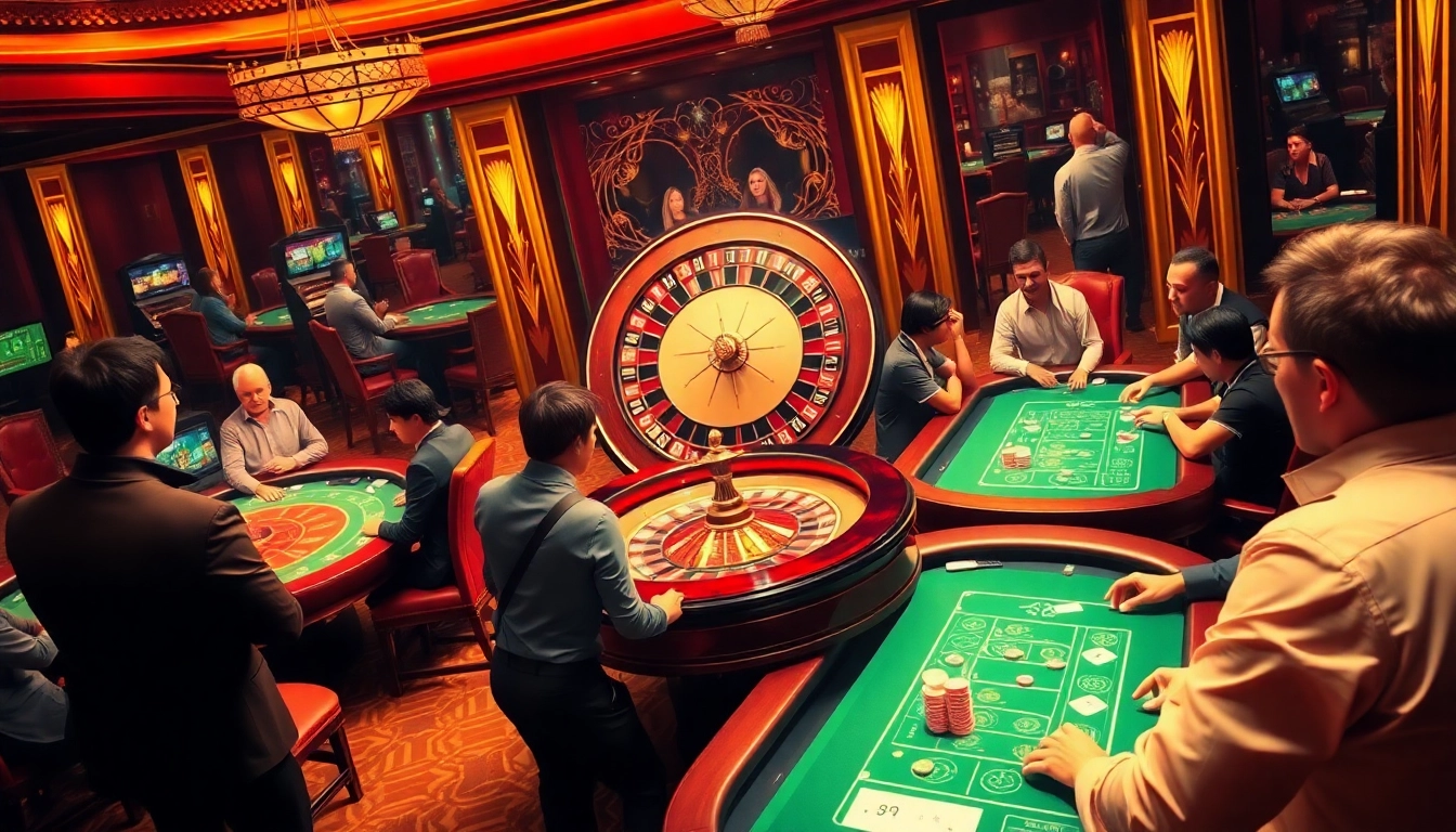 Players enjoy thrilling games at https://xx88.nl/, showcasing vibrant casino tables and roulette excitement.