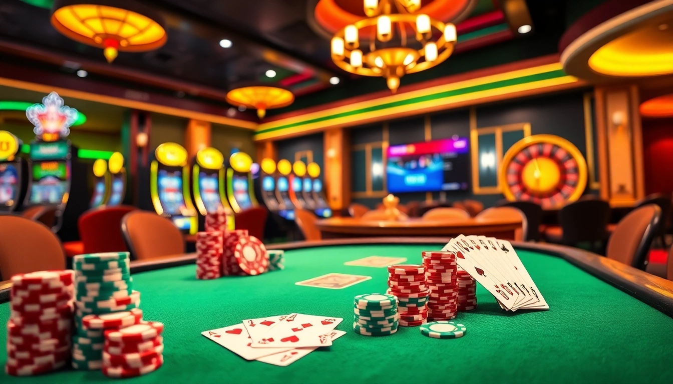 Experience thrilling poker action at VJ88's premium casino table filled with vibrant chips and cards.