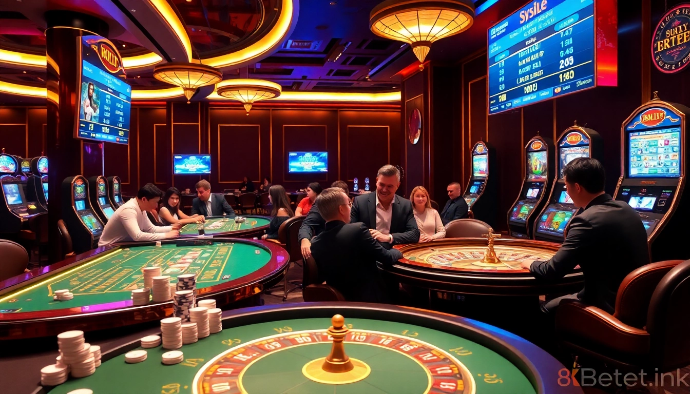 Experience the excitement of casino gaming at http://8kbet.ink/, featuring vibrant poker tables and thrilled players celebrating wins.