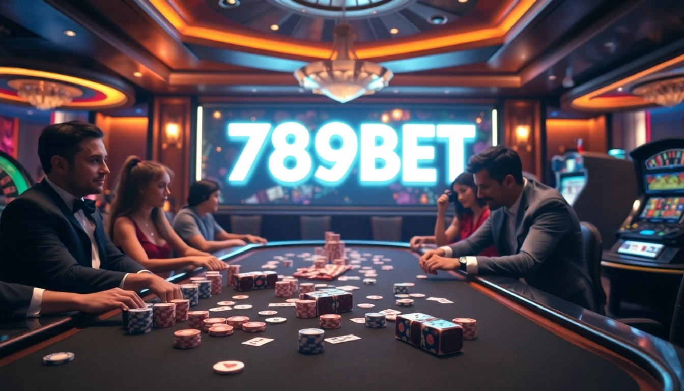 Players engaging at a vibrant poker table at 789BET, showcasing excitement and luxury.
