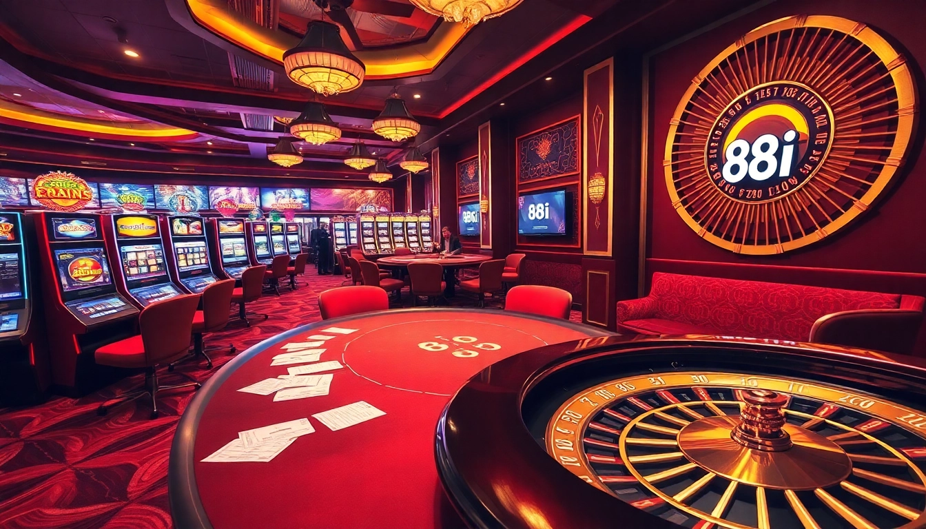 Players enjoying casino games like poker and roulette at 88i, showcasing excitement and luxury.