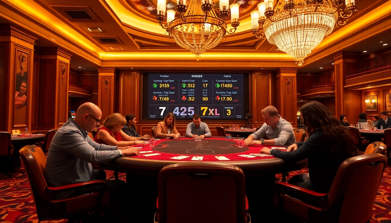 Players enjoy high-stakes poker at a luxurious 7xl casino table, highlighting excitement and professionalism.