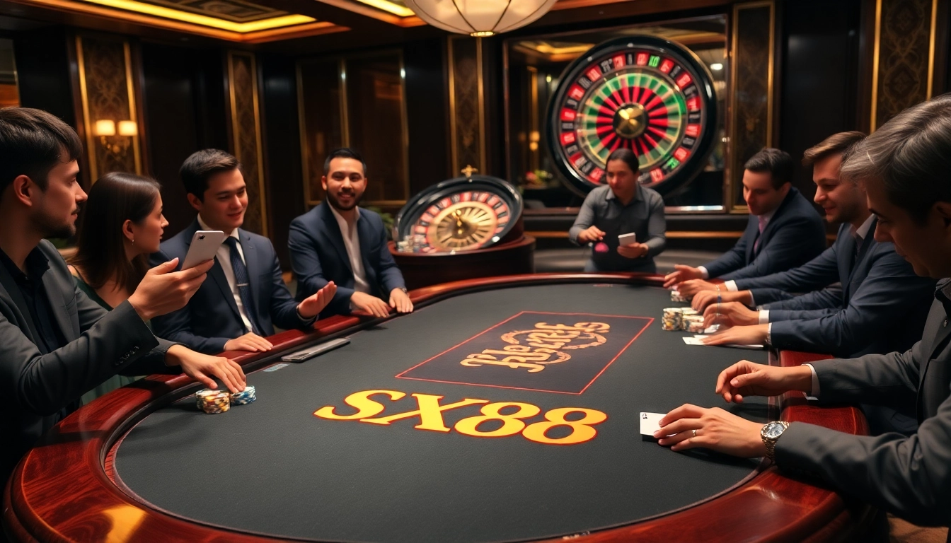 Players enjoying high-stakes poker at a glamorous SX88 casino table with vibrant decor.