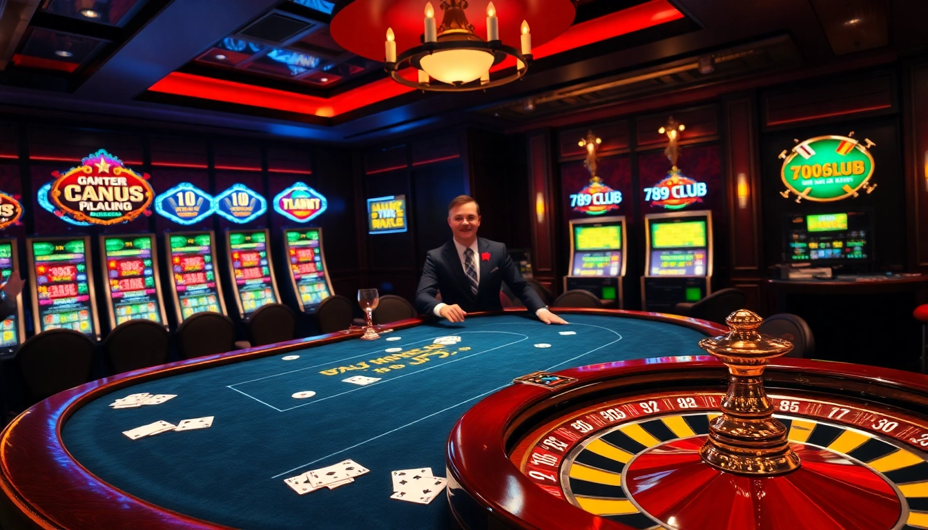Players enjoying an exciting game at 789CLUB's casino table, surrounded by vibrant slot machines.