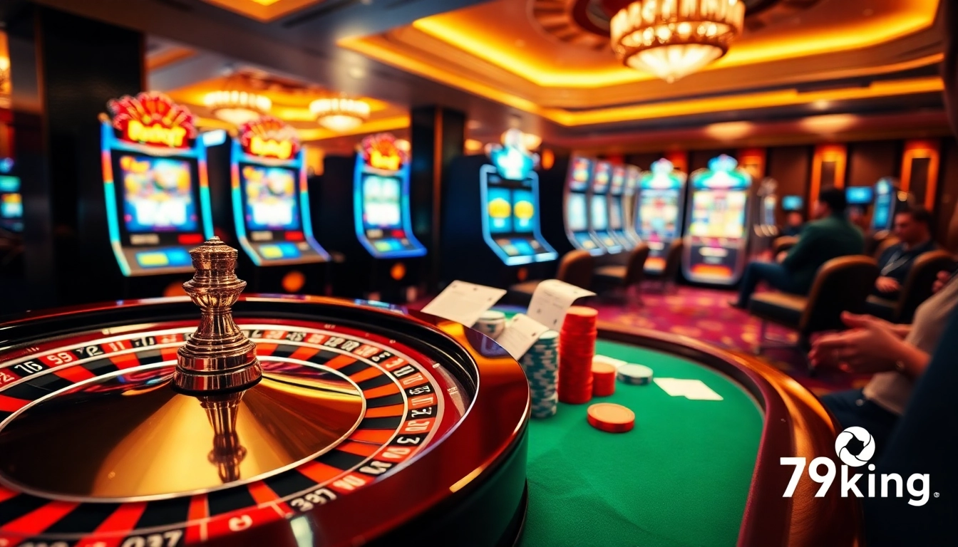Exciting gameplay at 79king casino with vibrant roulette wheel and glamorous poker action.