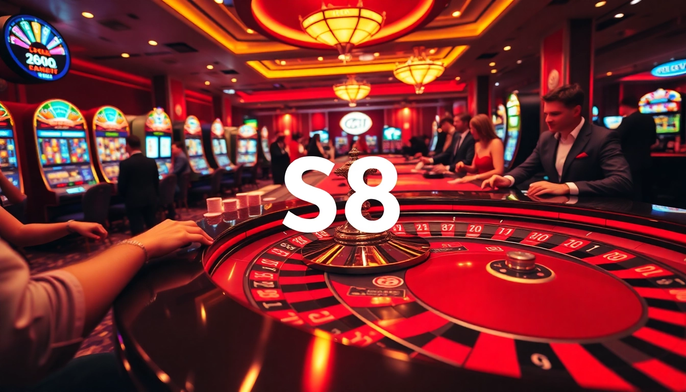 S8 Casino players engaging at a roulette table with vibrant lighting and poker chips.