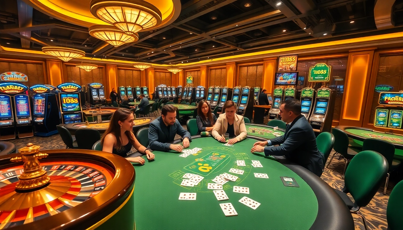 Exciting casino scene with players engaging at DH 88 gaming tables, showcasing vibrant gambling activities.