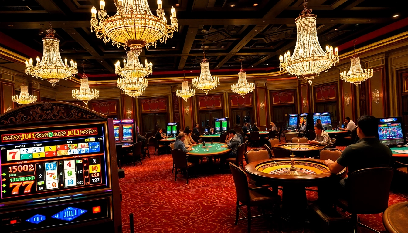 Experience the thrill of gaming with JILI slot reels spinning amidst vibrant casino excitement.