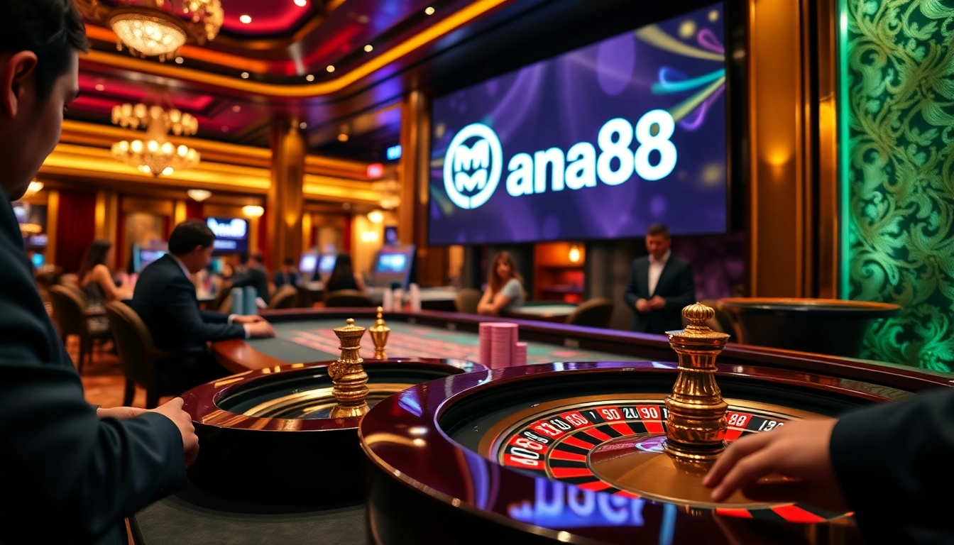 Man88 players enjoying a thrilling roulette game with colorful chips and a vibrant casino atmosphere.