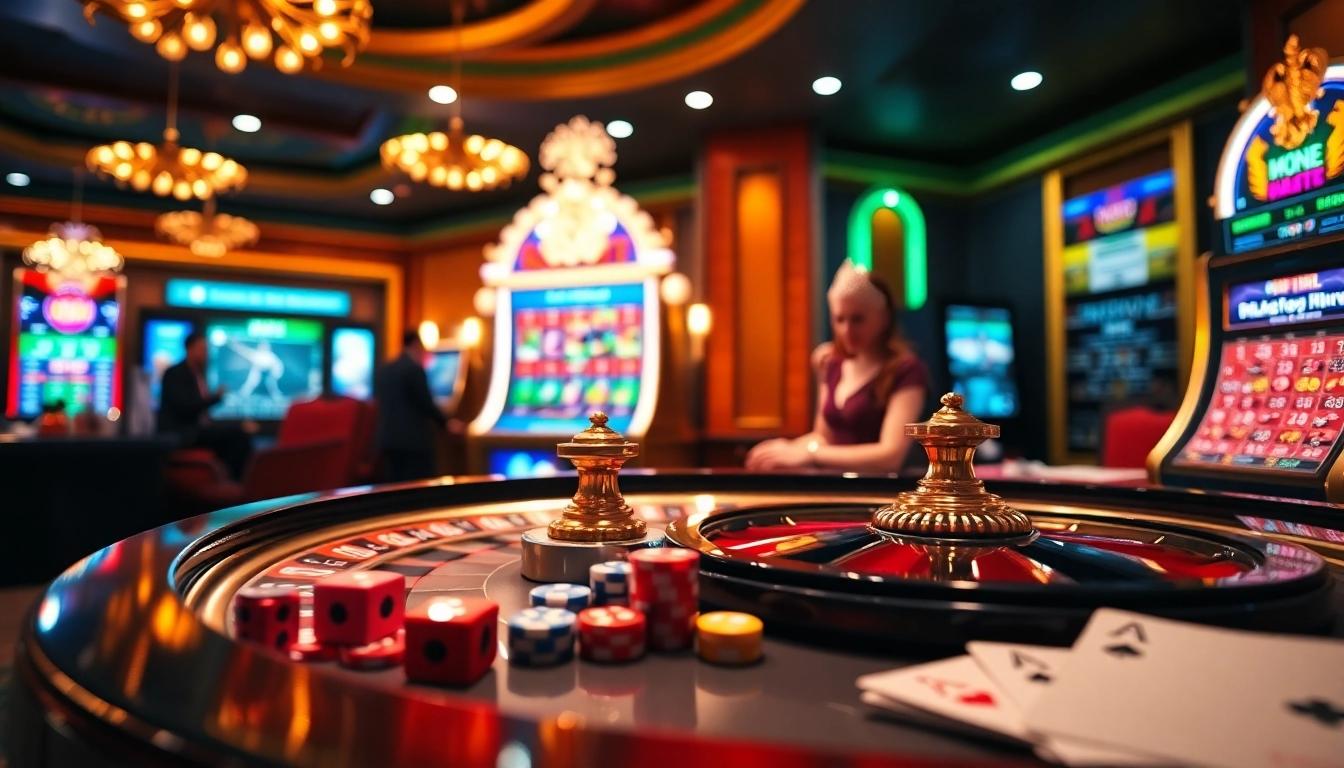 Experience the excitement of 8kbet games with engaging casino visuals of roulette and slot machines.