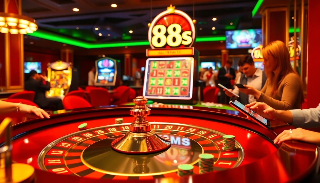 Experience thrilling gameplay at 8s casino with poker chips and a roulette table.