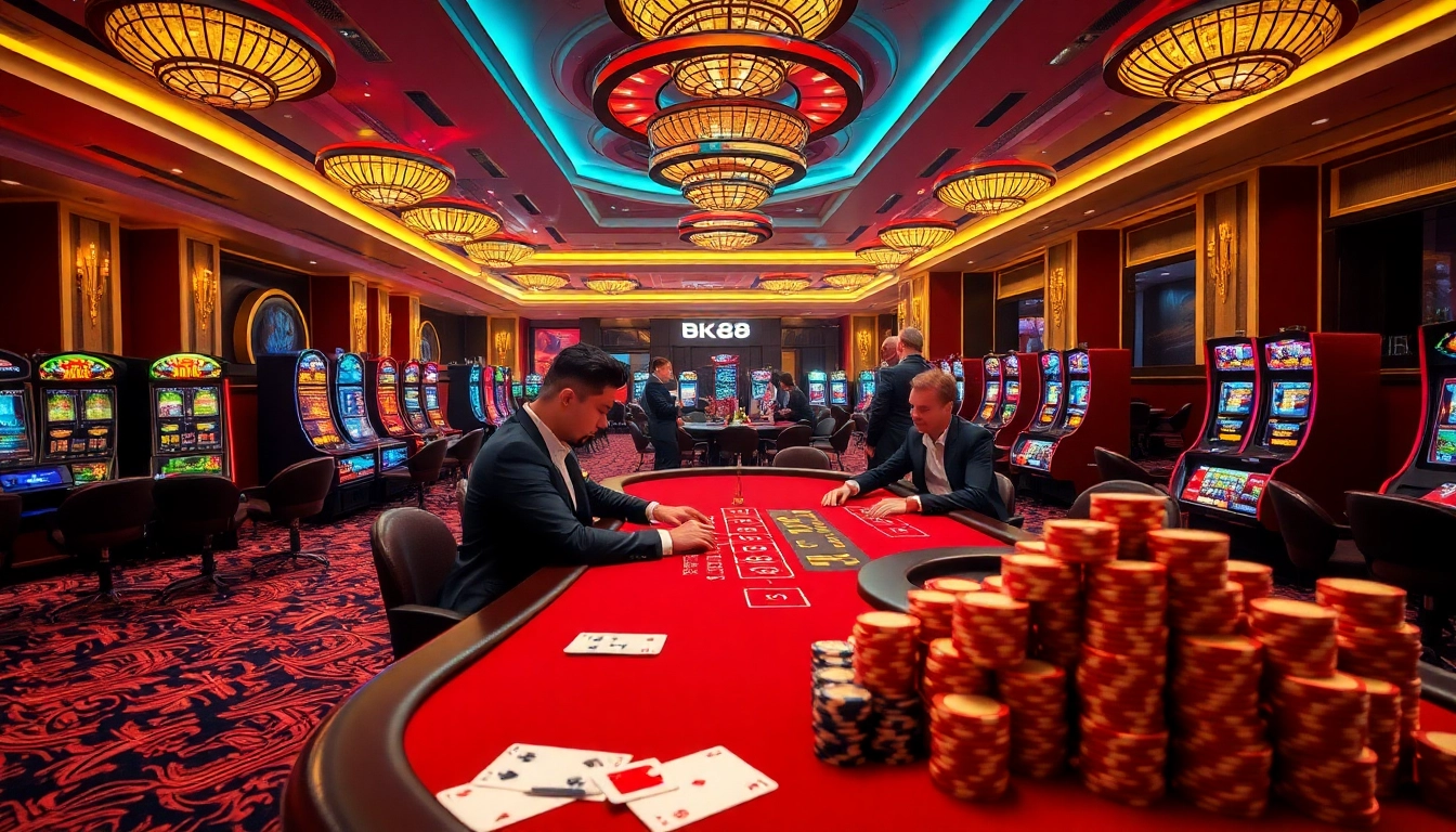 Exciting casino atmosphere at BK8 with players focused at blackjack tables and vibrant slot machines.