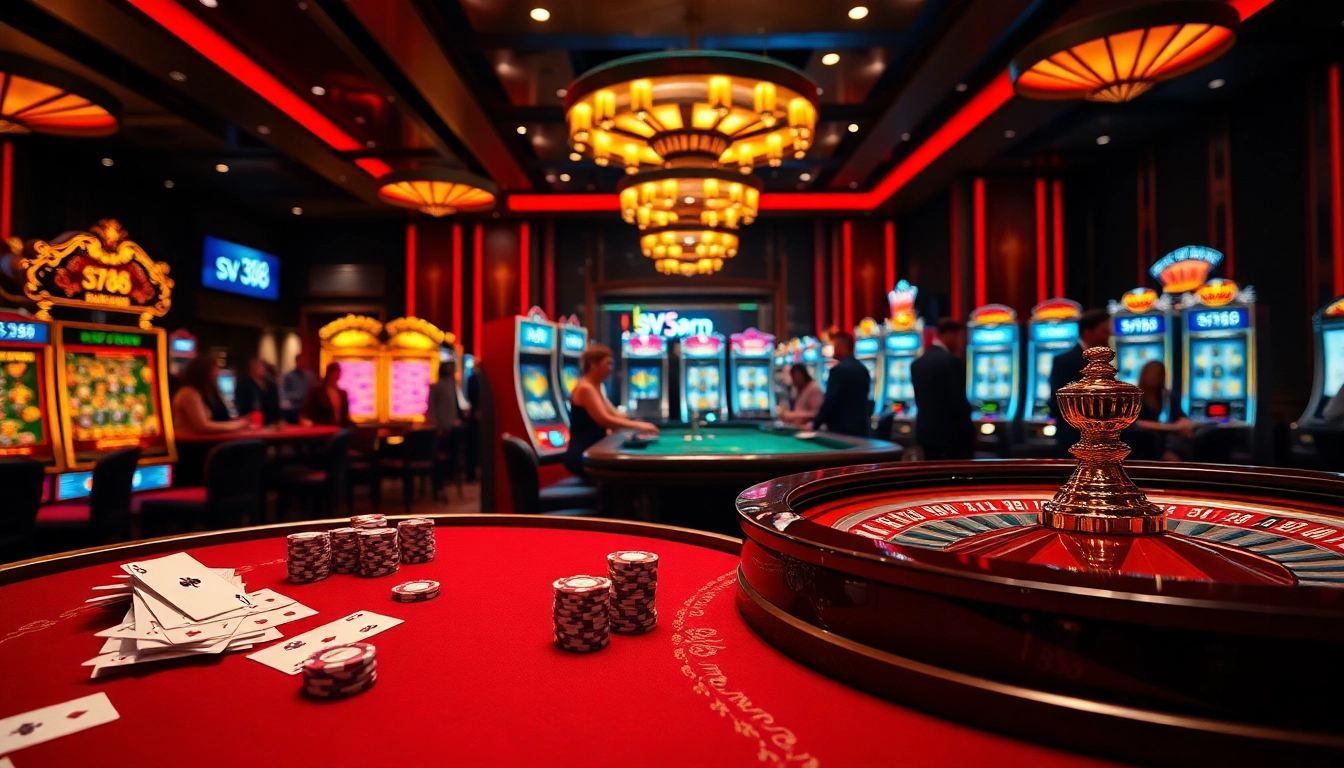 Experience exhilarating gambling action with sv 388 at a luxurious casino table filled with cards and chips.