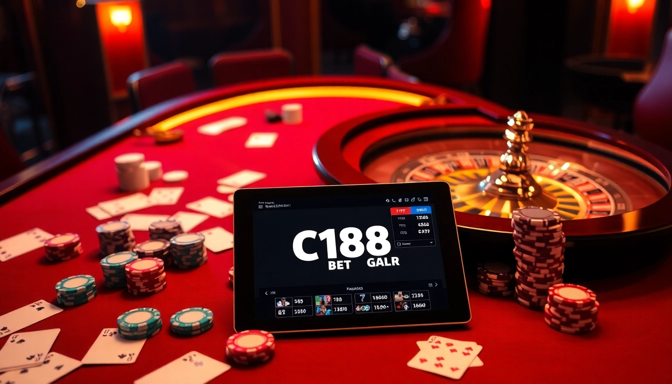 C168 BET gaming scene featuring poker chips and digital betting interface on a luxurious casino table
