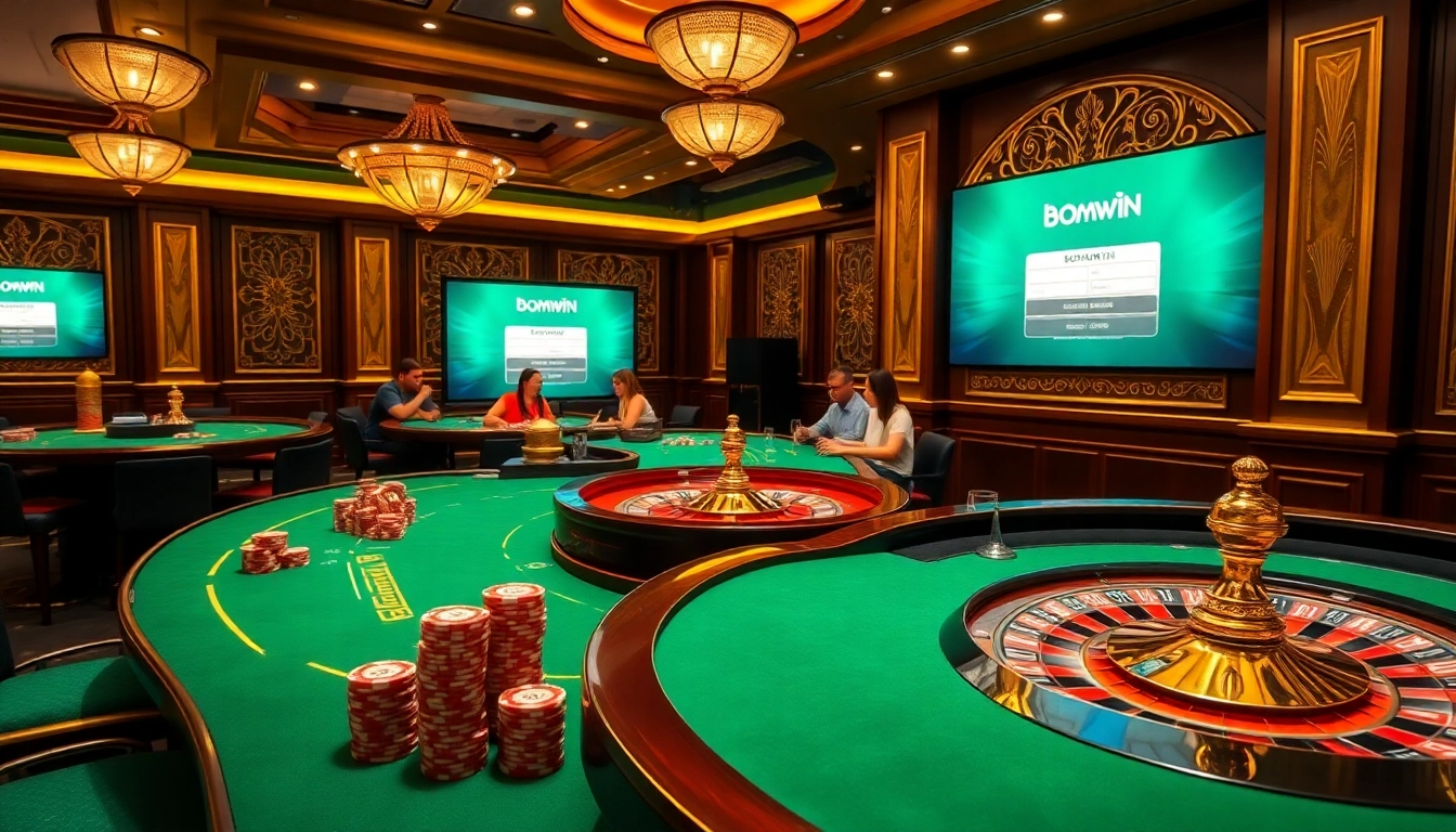 Login to Bomwin seamlessly in a luxurious casino setting with vibrant tables and engaging players.
